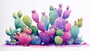 多彩梦幻仙人掌水彩插画