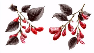 水彩风红色浆果枝叶插画