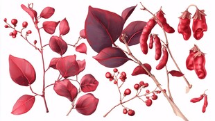 深红植物枝叶果实插画