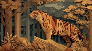 森林中的老虎木雕艺术