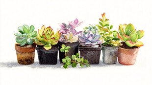 多彩多肉盆栽水彩画作