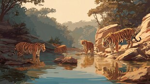 溪边漫步的老虎群