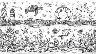 海底世界黑白手绘插画