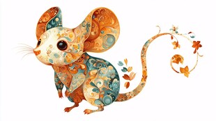 多彩花纹小老鼠插画