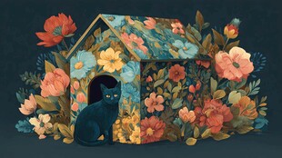 花簇中的黑猫小屋