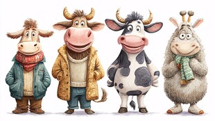 四只可爱着装的卡通牛