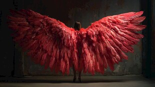红衣女子展巨型红色羽翼