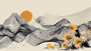 水墨山水间的灿烂向日葵