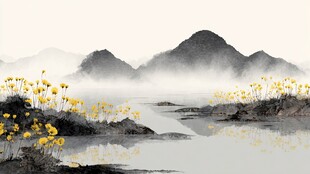 水墨湖畔黄花映远山