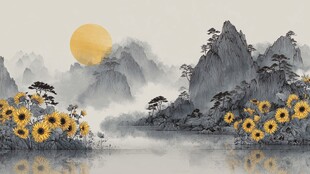 水墨山水间的向日葵盛放