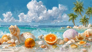 海边贝壳与鲜果的惬意景致