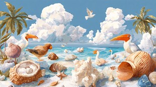 梦幻海滩上的海鸟与贝壳