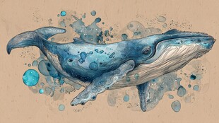 水彩绘蓝鲸 灵动海洋意象