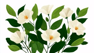 白色花朵与绿叶插画