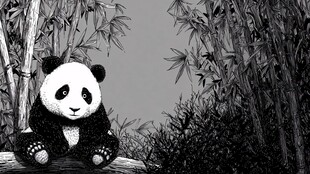 熊猫坐于竹林间黑白插画