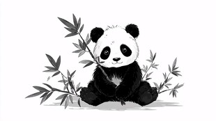 熊猫抱竹 黑白萌趣插画