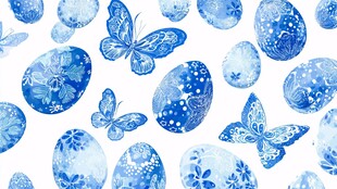 蓝白水彩风蝴蝶与彩蛋图案