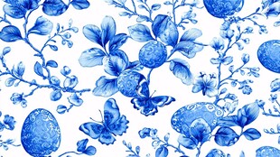 蓝白花卉蝴蝶图案素材