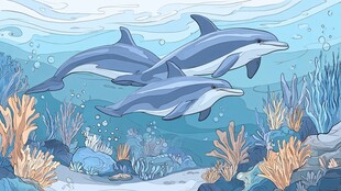 海豚悠游海底梦幻珊瑚间