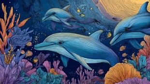 梦幻海底的海豚与珊瑚