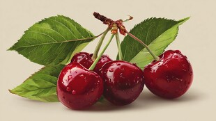 新鲜欲滴的红樱桃与绿叶