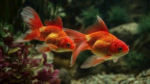 双尾金鱼悠游于水草间