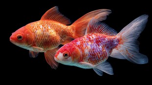 双彩金鱼悠游于黑色背景