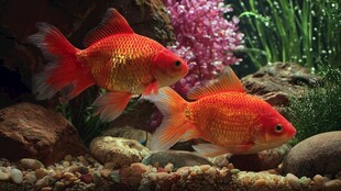 双金鱼悠游于多彩水族箱