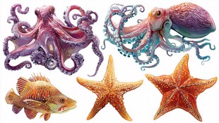 海洋生物插画 章鱼海星鱼类