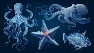 海洋生物插画 章鱼海星等