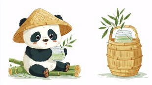 戴斗笠熊猫与竹桶翠竹