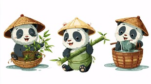 三只戴斗笠的可爱熊猫