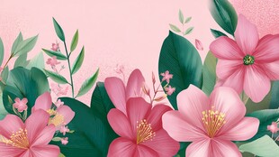 粉色花卉绿叶清新背景图