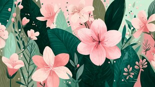 粉色花卉绿叶清新插画