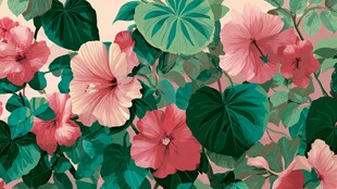 粉色扶桑花绿叶繁茂图案