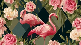 火烈鸟与花卉的梦幻图案