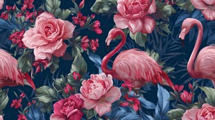 火烈鸟与花卉的梦幻图案