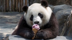 熊猫惬意享用美味冰淇淋