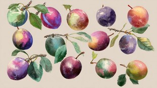 水彩绘多彩李子与枝叶