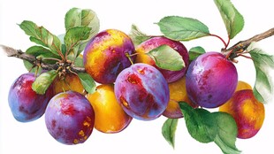 水彩绘枝头饱满李子