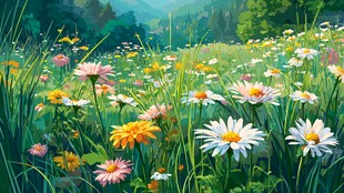 春日繁花盛开的绚烂草地