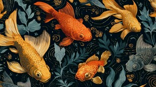 锦鱼游弋于花叶间的图案