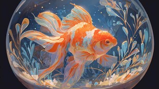 梦幻金鱼在玻璃鱼缸中游弋