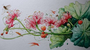 水彩绘花卉绿叶与游鱼