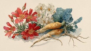 花卉与胡萝卜的水彩绘景