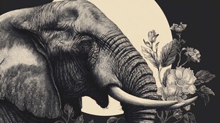 月夜大象与花卉艺术画