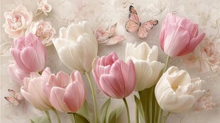 浪漫郁金香与蝴蝶花卉图