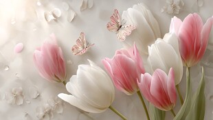 粉白郁金香与翩跹蝴蝶