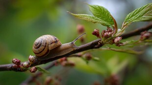 蜗牛栖息于嫩绿枝丫间