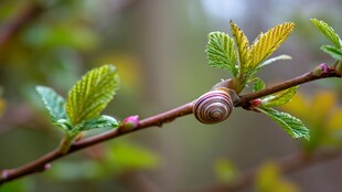 树枝上的蜗牛与嫩绿新叶